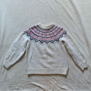 Vintage Handmade White Cozy Pink & Grey Pattern Chunky Knitted Sweater